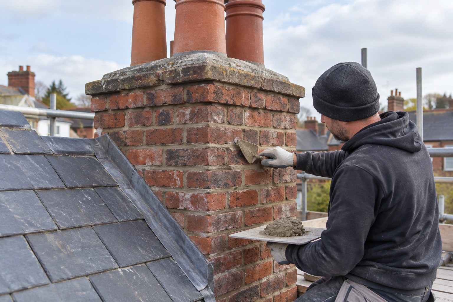 Brick chimney stack being repointed
